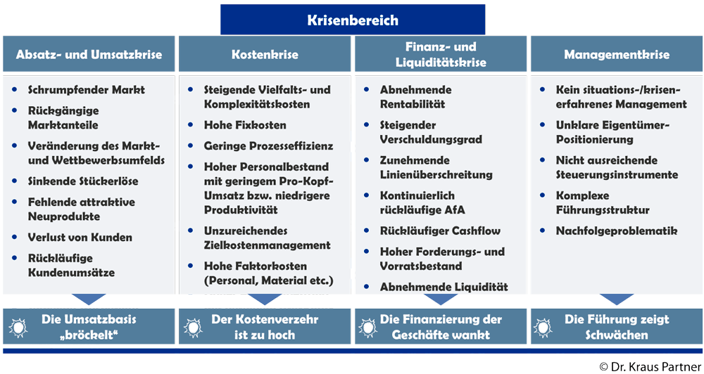 Turnaround Prozess - Mögliche Ursachen einer Existenzgefährung von Unternehmen Schaubild - Dr. Kraus & Partner