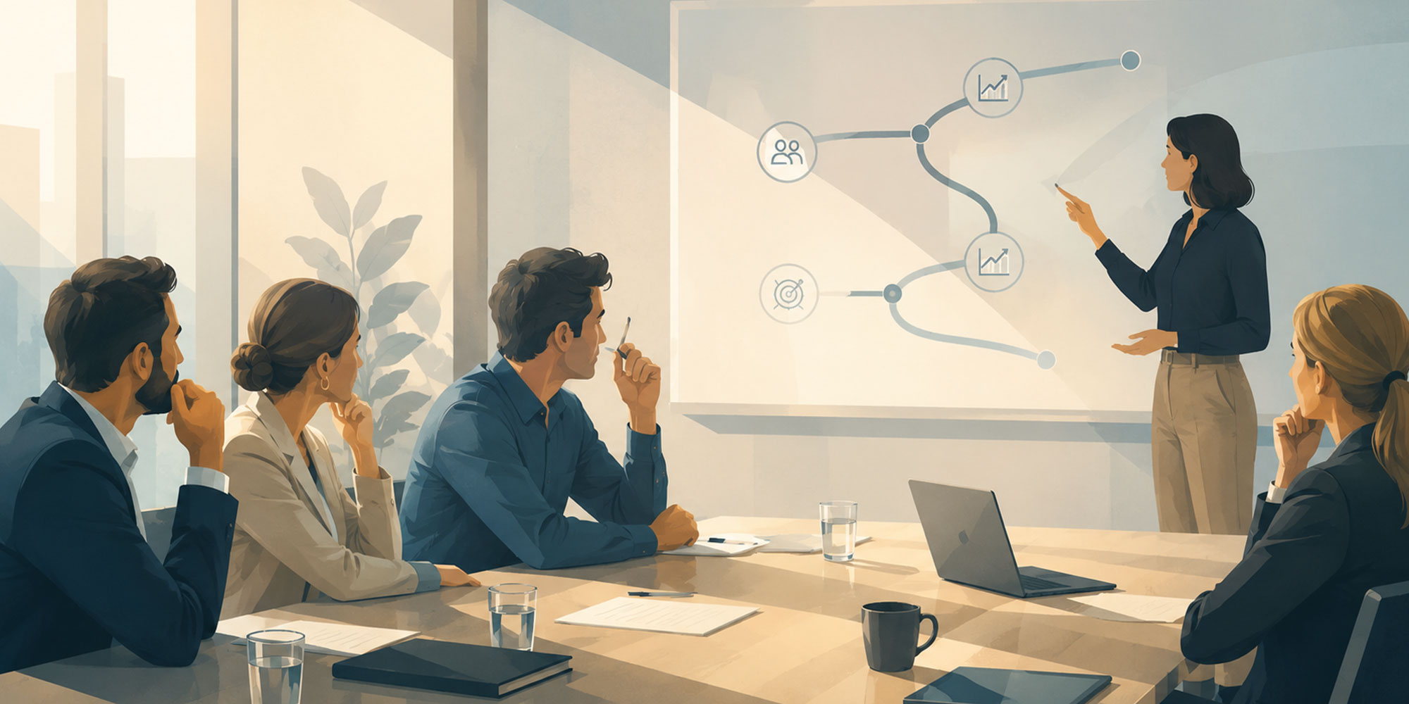 fuehrungsebene-zwei Elena sitzt am Tisch mit ihrem Laptop und hat dabei einen Ausblick auf die Berge | Ski-Office | Kraus & Partner - Transformation Experts